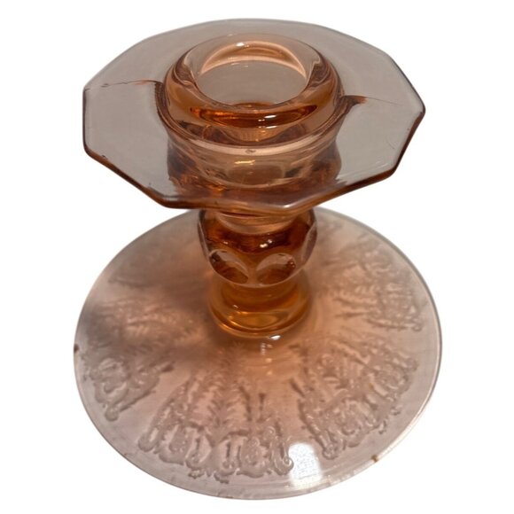 Pink Depression Candle Holder 4" Tall Etched Design Glass Vintage - Picture 2 of 10